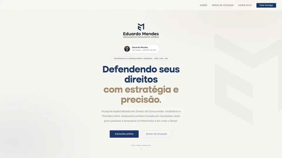 Página inicial do site do escritório de advocacia Eduardo Mendes