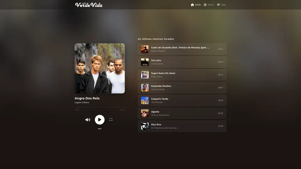 Página inicial do site da Rádio Verde Vida